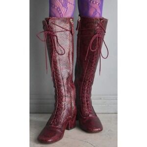 NEW Kate Spade Lake Snake-Embossed Leather Knee High Boots Burgundy Women 9.5M